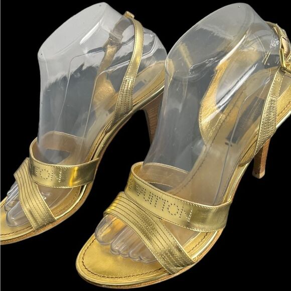 Rare Louis Vuitton Gold Slingback Sandals w/3.5” Stacked Wood Heel Size 38/US 7 - Picture 9 of 15